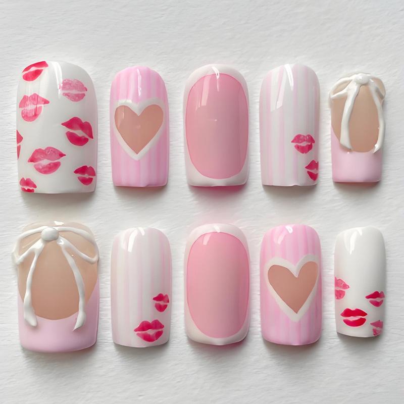 24PCS Y2k Pink French Press On Nails Brown Polka Dots Sweet Cool Star Fake Nails Spice Girls Wearable Medium Square False Nails