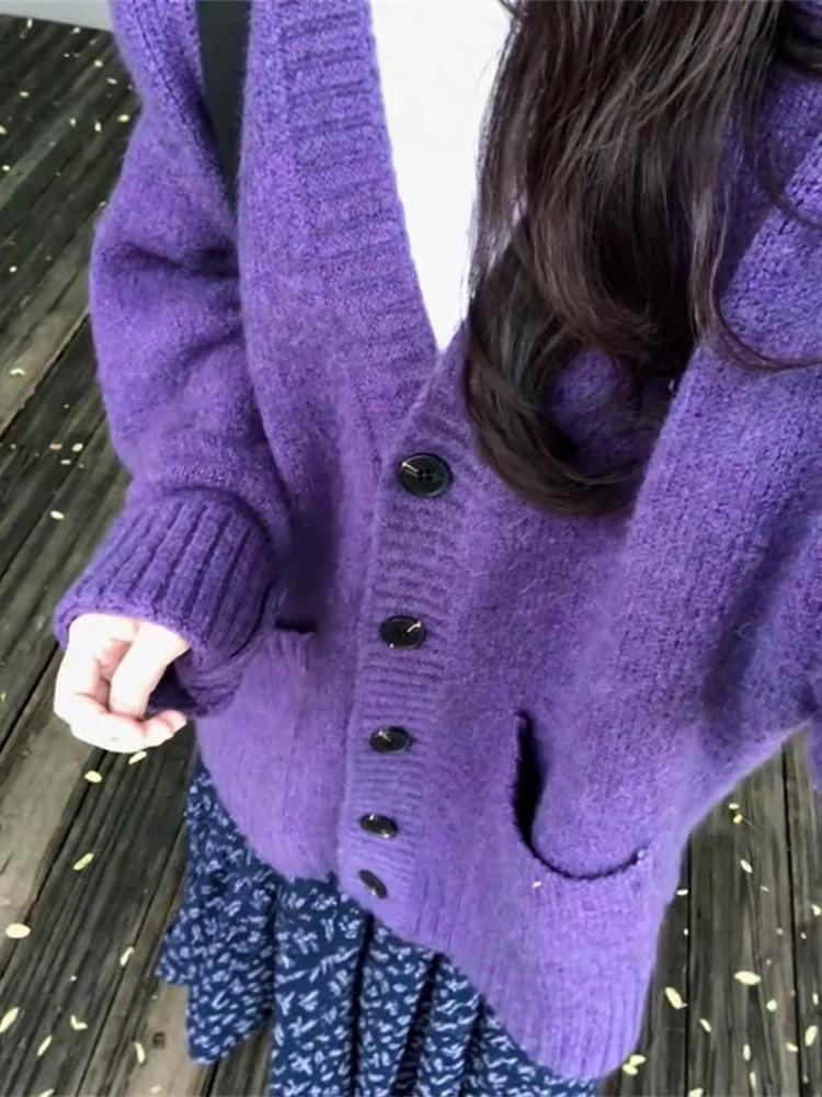 Korean Retro V-Neck Knit Cardigan - Women's Soft Purple Autumn Jacket