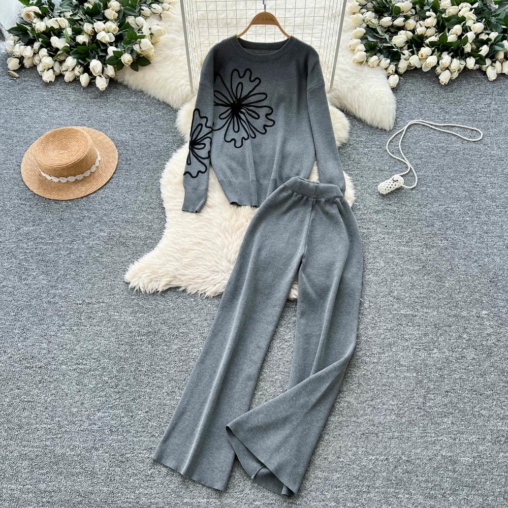 Herbst Winter Damen Blumenstickerei Strickpullover Hose Zweiteiler Langarm Pullover Oberteile und Weitbein Hose Trainingsanzug