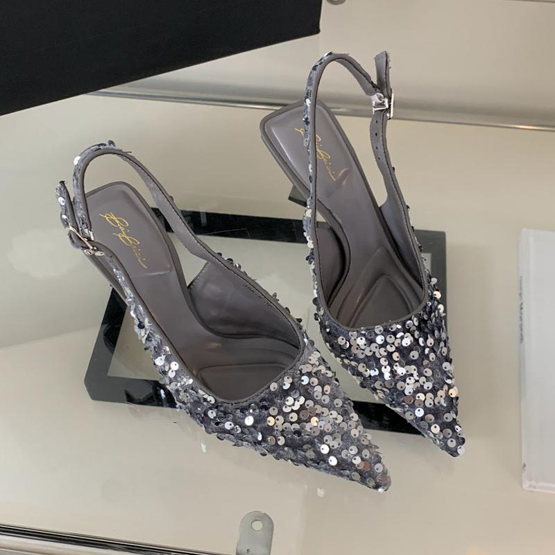 Fashion SUOJIALUN 2024 Summer New Brand Women Sandal Fashion Beads Ladies Slip On Slingback Sandals Thin High Ladies Elegant Pumps Shoes