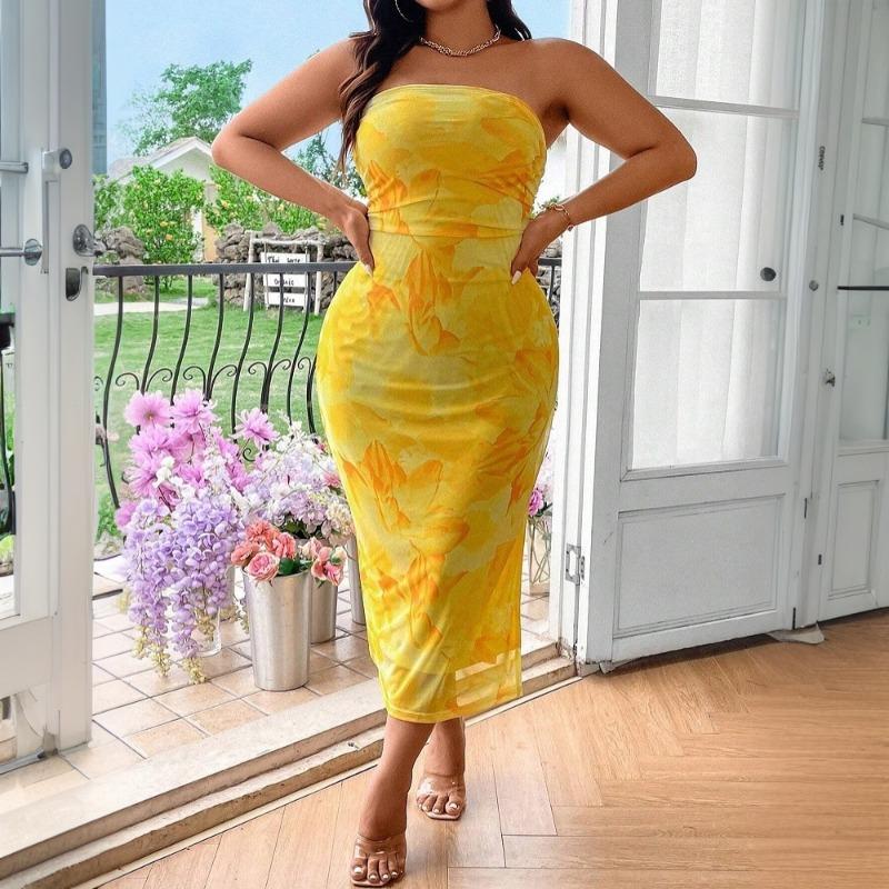 Plus Size Women Sexy Floral Printed Off Shoulder Strapless Long Bodycon Dress