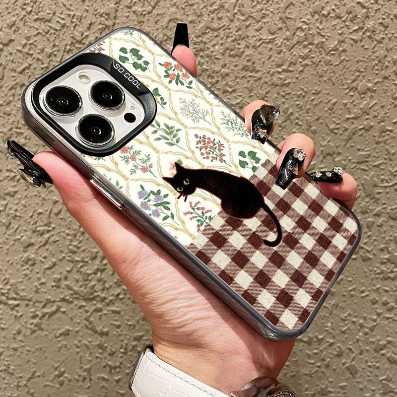 Striped Coffee Cat Laser Phone Case For iPhone 17 16 Pro Max 15 14 Pro Max Plus 13 Mini 12 11 Pro Max Shockproof Black Covers