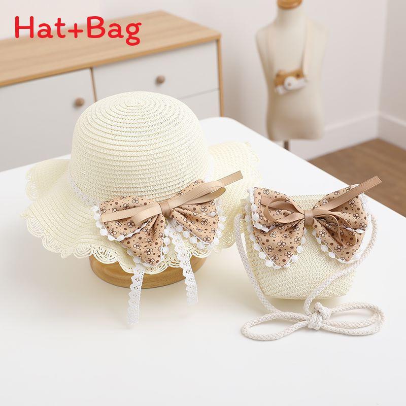 Childrens Summer Straw Hat And Bag Set With Wide Brim Sun Protection For Girls
