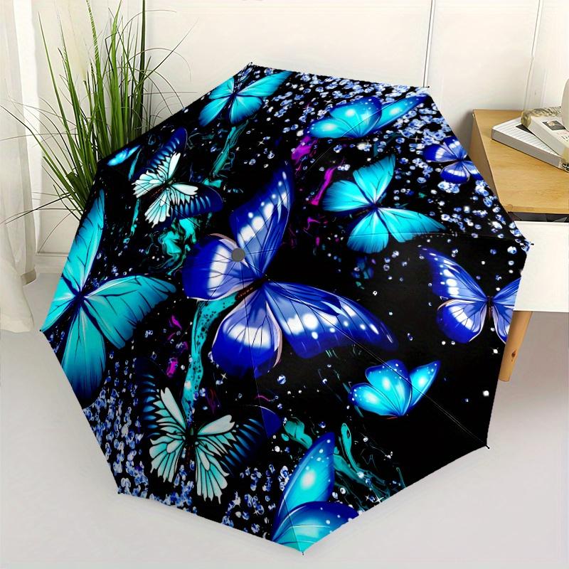 Automatic Folding Umbrella with Blue Butterflies & Sparkling Background, 8 Sturdy Ribs, Lightweight & Durable for Outdoor, Tra