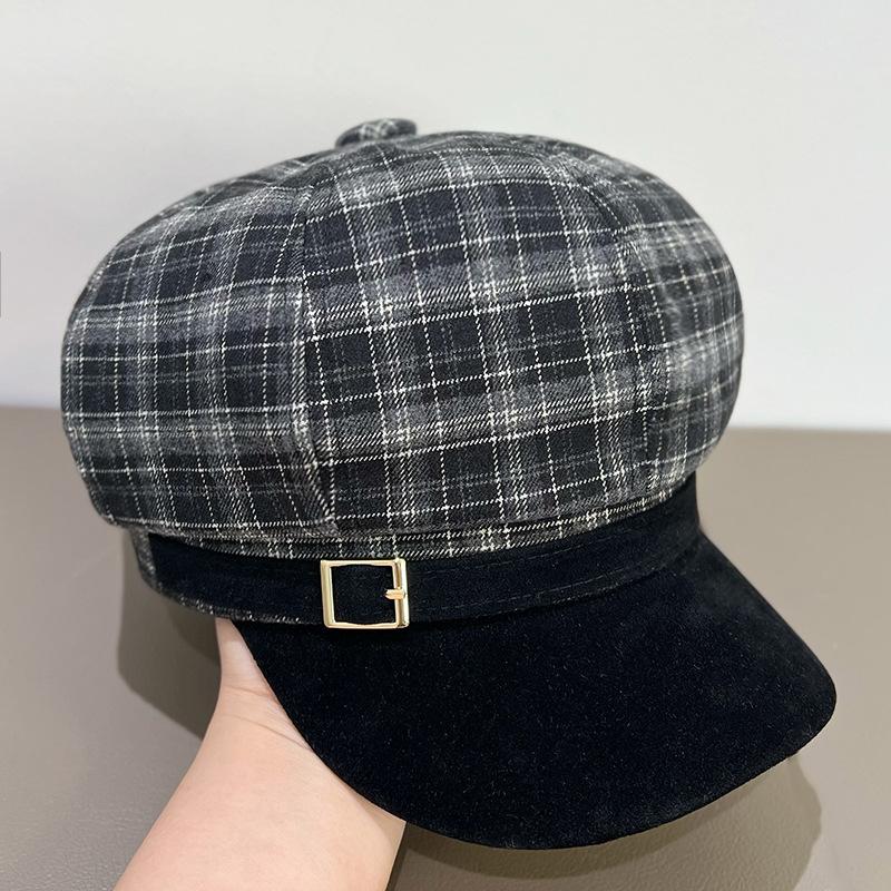 

Vintage Red Plaid Beret Hat For Women Autumn Winter Newsboy Cap With Octagonal Design Fashion Retro Style Casual New M чёрный