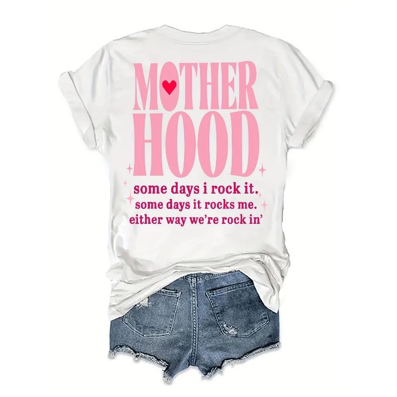 Womens Mothers Day Mother Hood Letter Print Crew Neck Short Sleeve Casual T Shirt Spring Summer Top