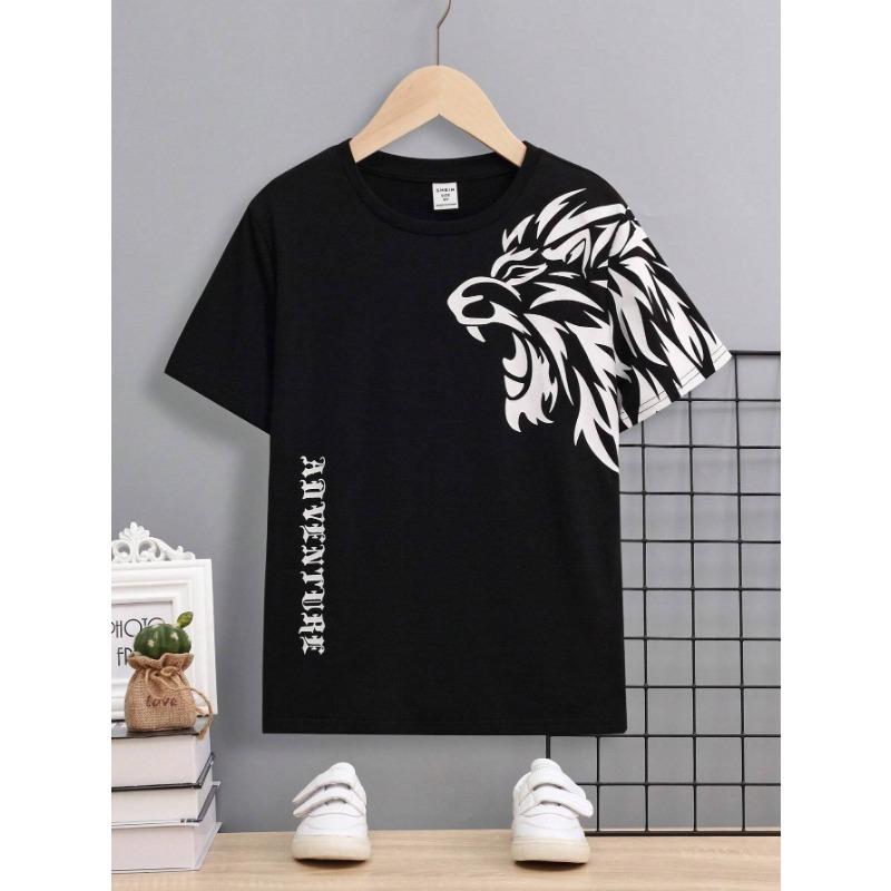 

Футболка с принтом льва и букв для мальчиков-подростков, повседневный трикотаж S