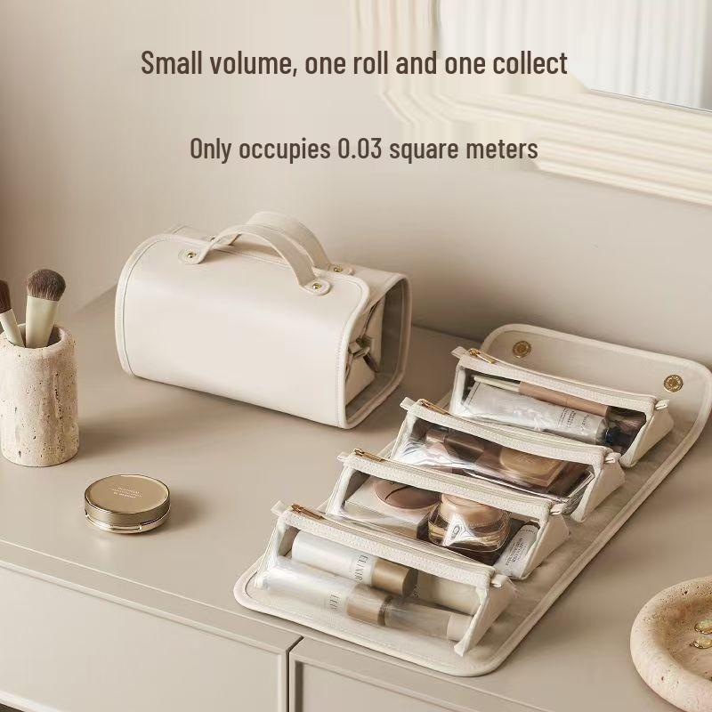 Premium Foldable Leather 4-in-1 Makeup Bag: Detachable, Waterproof, Wet/Dry Separation Toiletry Storage