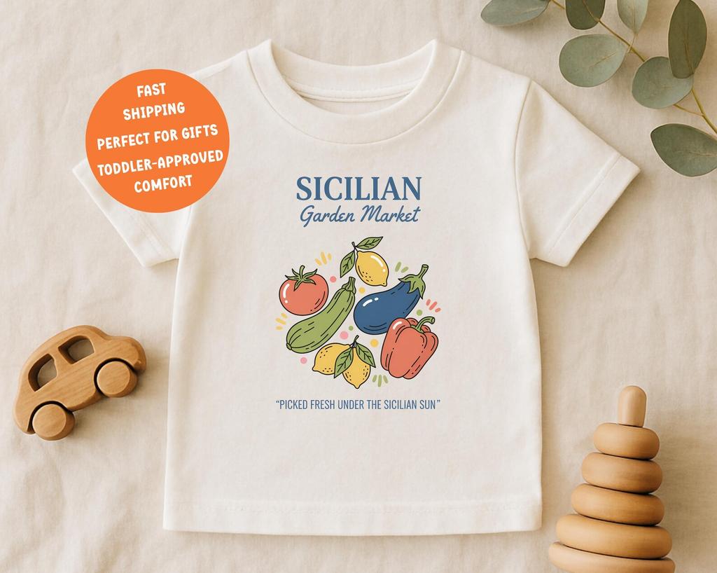 Bauernmarkt-T-Shirt für Kinder: Sizilianischer Gartenmarkt T-Shirt, Kleinkind Gemüse Shirt, Sommer Markt Outfit