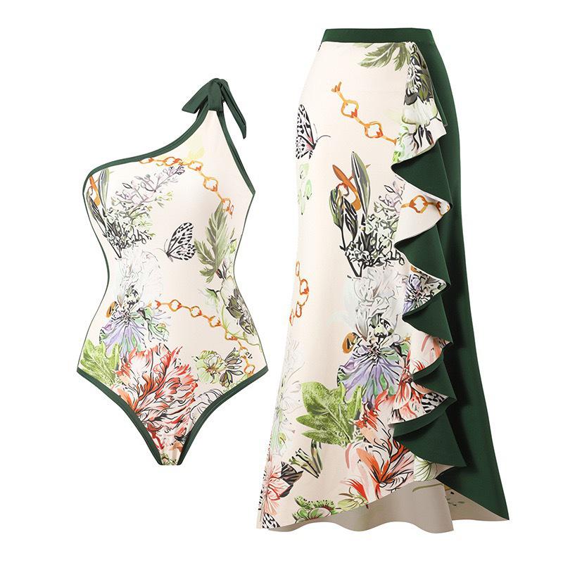 2025 Women's Retro One-Shoulder Swimsuit and Chiffon Bikini Set