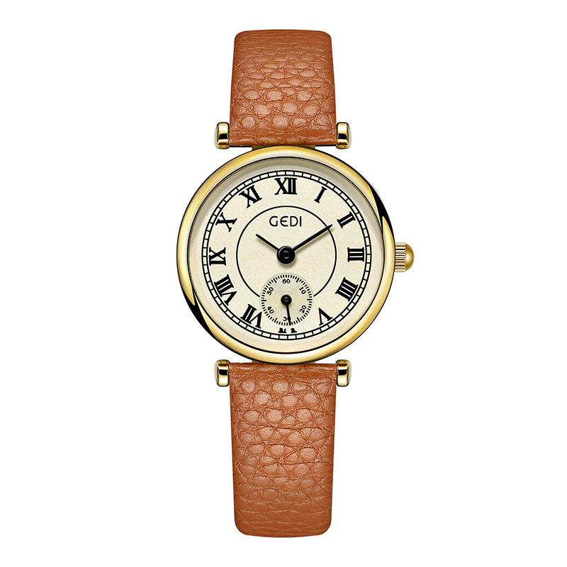 Simple Retro Student Watch High-End Small Seconds Quartz Watch Women'S Niche Lychee Pattern Belt Watch