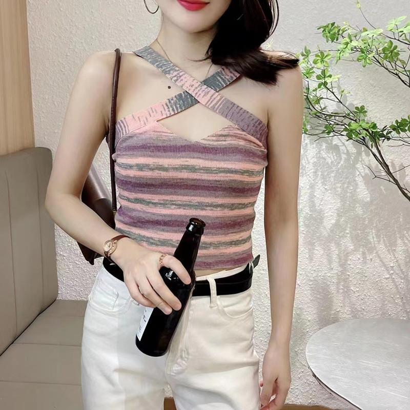 Lato Nowy Design Zmysłowe Spice Girls Krzyżowy Halter Tęcza Wysoki Stan Kamizelka Bluzka