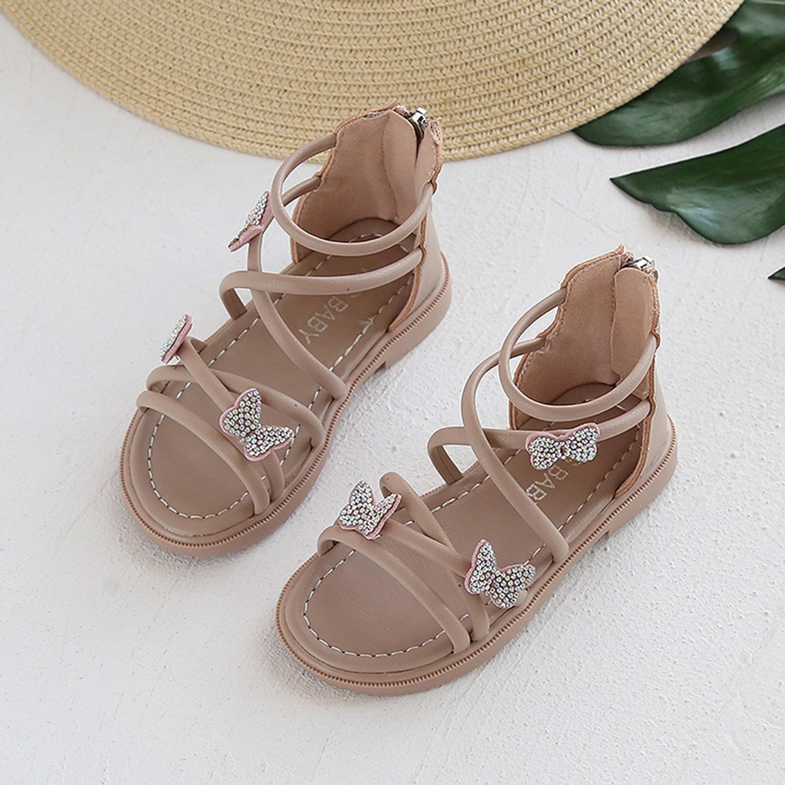 

Босоножки на молнии сзади для девочек, сандалии на плоской подошве с мягкой подошвой и бабочкой со стразами 23