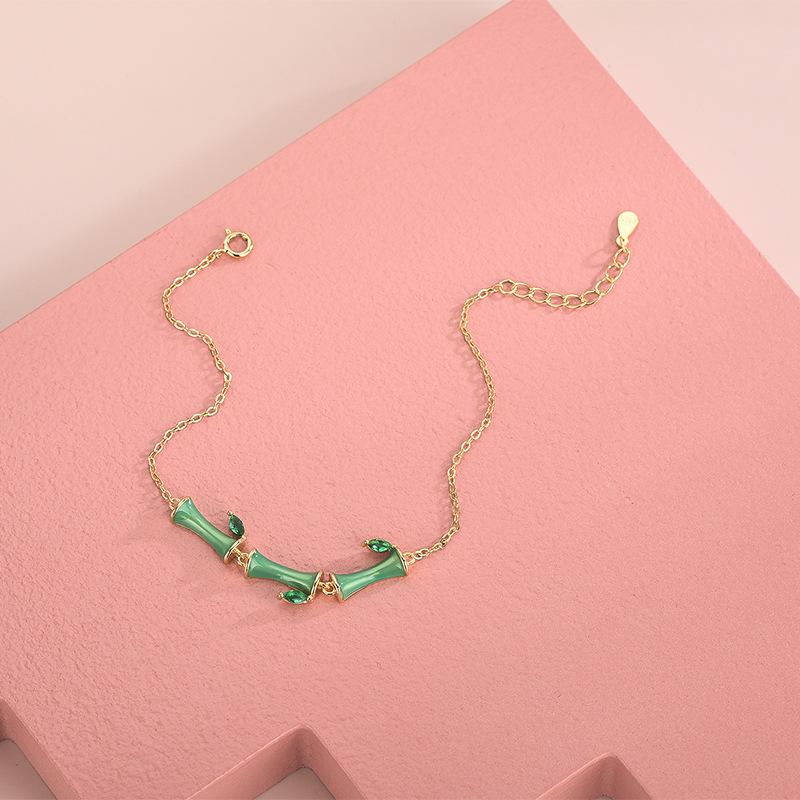 S925 Sterling Silver Korean Style Epoxy Bamboo Bracelet Set with Diamonds Green Zirconia Bamboo Leaf Bracelet