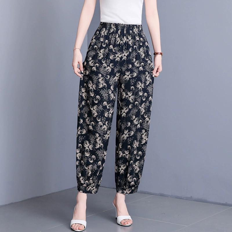 Woman Summer High Waist Pants Plus Size Elastic Waist Floral Lantern Pants