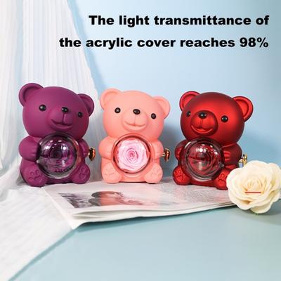 Preserved Rose Hug Bear Gift with Heart Necklace Rotatable Eternal Flower Bear Gift Box