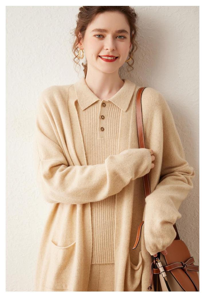 Women's Cashmere Polo Collar Sweater - Autumn/Winter Style with Button Detail