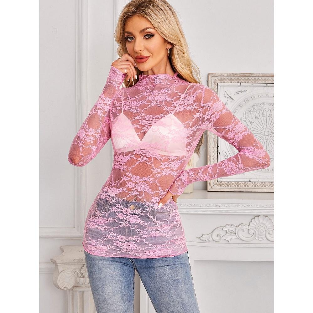 Dámské síťované průhledné krajkové topy s výstřihem do O-kroju a dlouhým rukávem, dámské slim fit květinové výšivkové topy, dámská trička