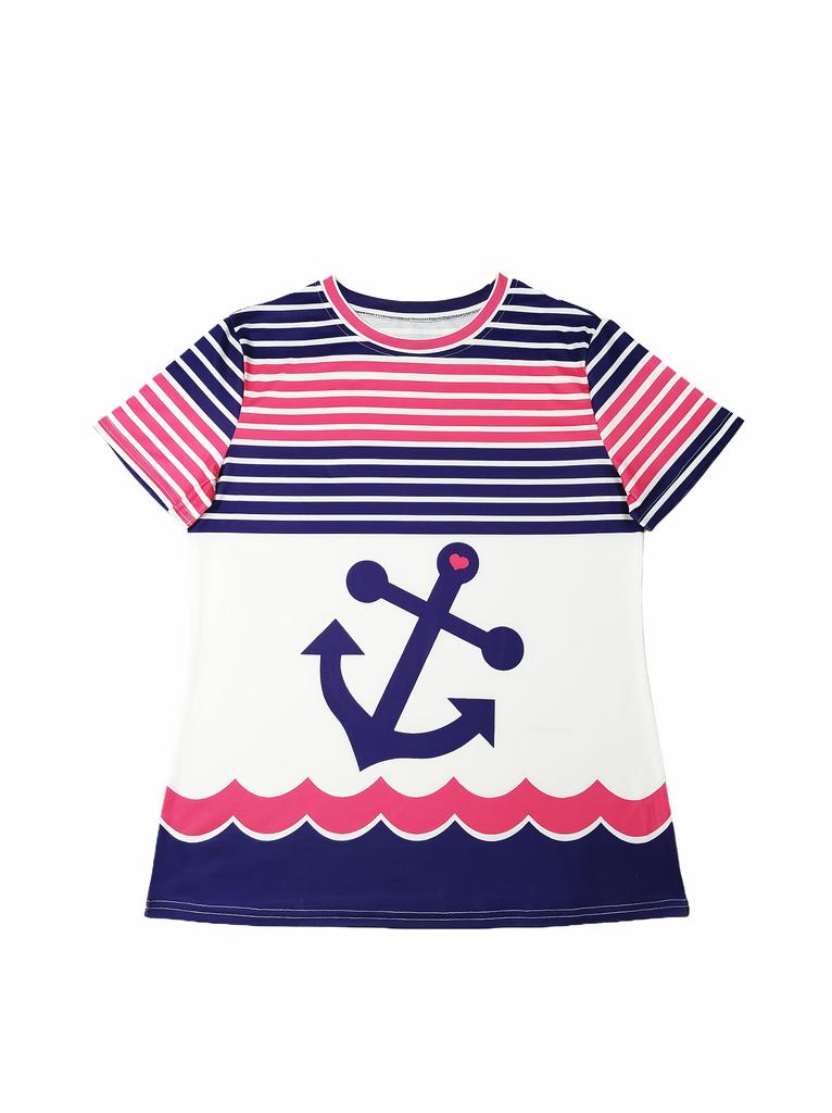 Round neck women's short-sleeved printed T-shirt with stripes, skin-friendly fabric and comfortable
