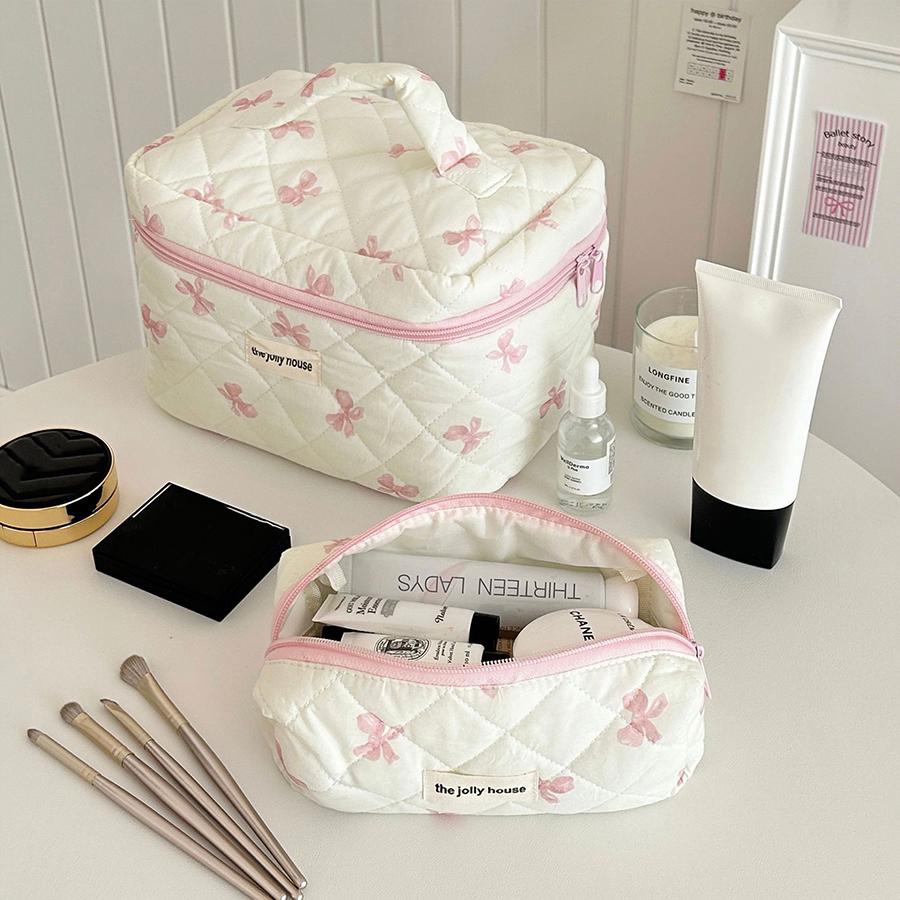 Quilting Cotton Makeup Bag Women Zipper Cosmetic Organizer Cute Bow Flower Cloth Handbag Portable Toiletry Case for Girls
