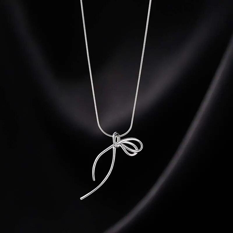 Fashion Silver Color Ribbon Bow Pendant Necklace for Women Girl 2024 New Simple Metal Snake Bone Chain Necklace Jewelry Gift