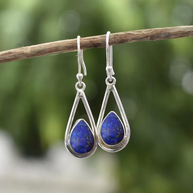 Solid 925 Sterling Silver Lapis Lazuli Gemstone Women Dangle Handmade Earring Anniversary Gift Jewelry