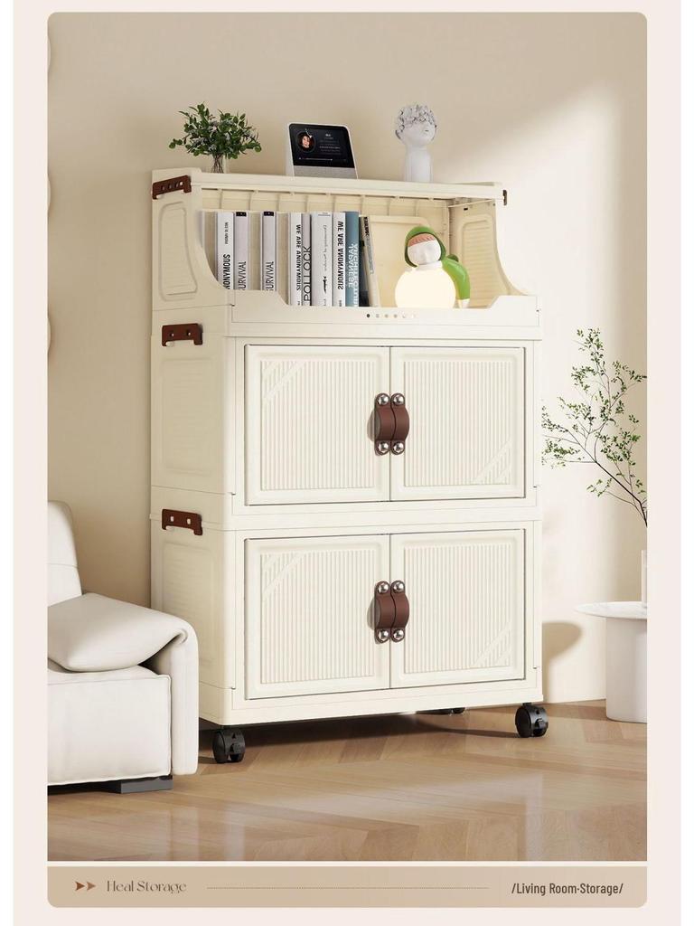 Multi-Layer Folding Bookcase with Wheels - Double Door, Moisture-Proof, Large Capacity, No Assembly Required.
