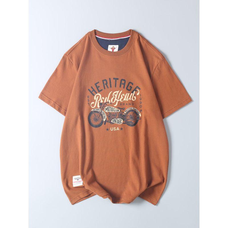 American Retro Motorcycle Print Short-Sleeve T-Shirt for Men, Export Surplus, Pure Cotton, Brushed Fabric, Round Neck, Half-Sleeve