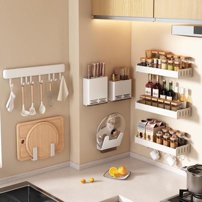 White No-Drill Wall-Mounted Kitchen Rack: Spice, Knife, and Household Storage