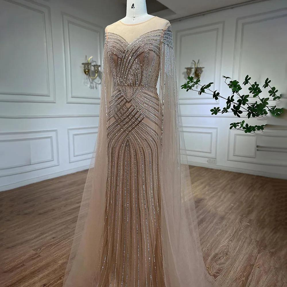European and American nude elegant flying sleeves high-end atmospheric fishtail dress banquet host evening dress LA11011
