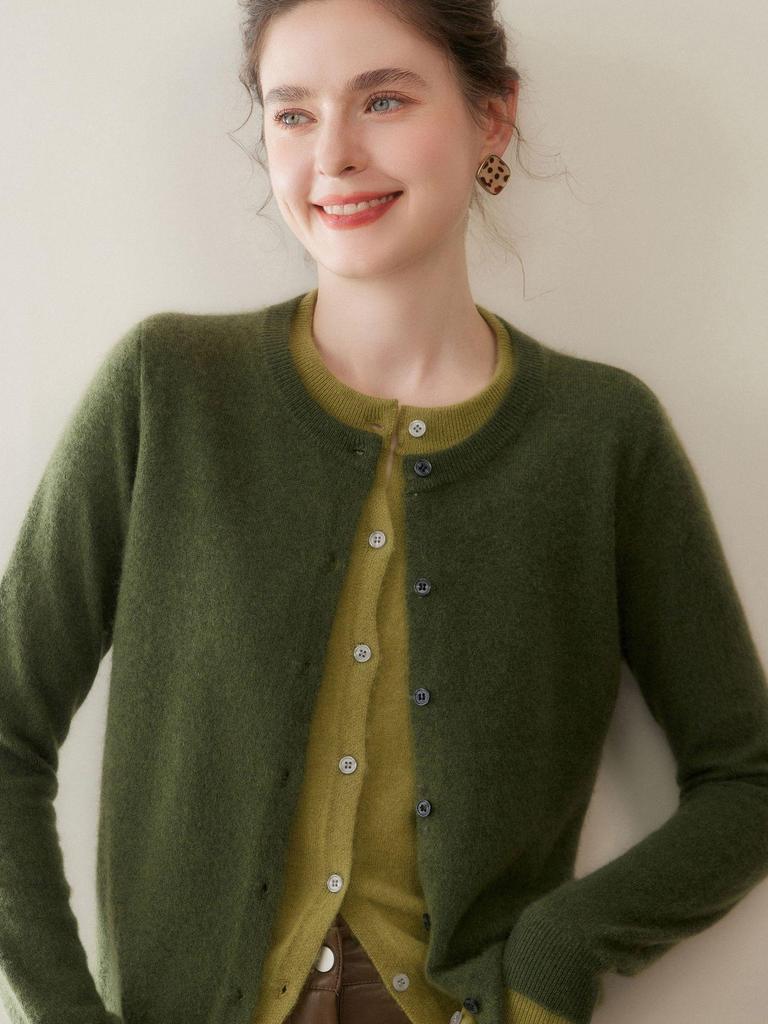 25-Year Women's Cashmere Cardigan: Two-Piece Knit, Loose Fit, Slimming, Versatile Round Neck Color Block Sweater.