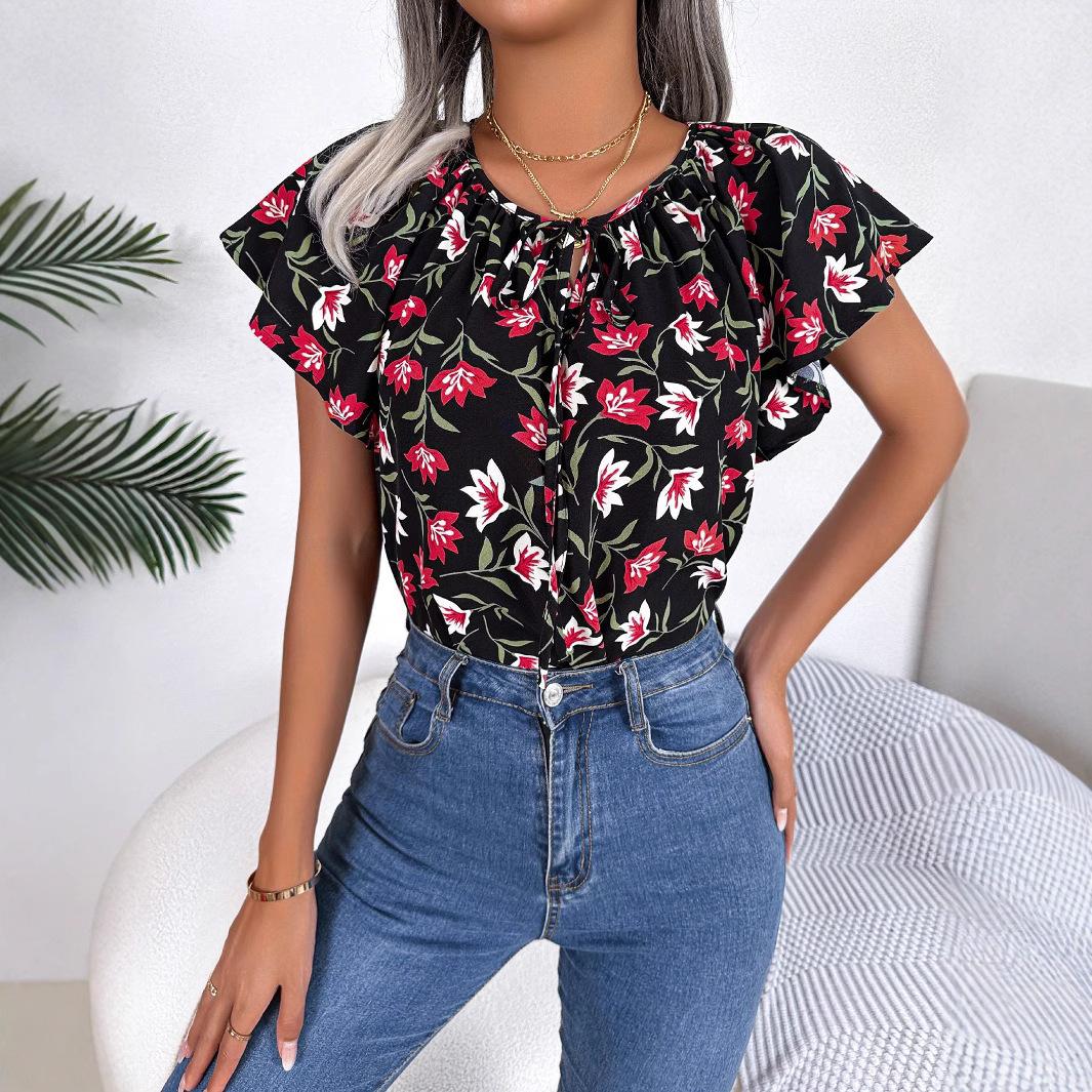 Women Floral Print Tie Neck Ruffle Sleeve Loose Blouse S чёрный