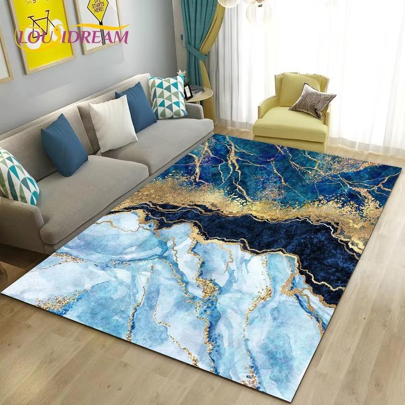 Colour Blue Gold White Marble Area Rug Large Carpet Rug for Living Room Bedroom Sofa Doormat Decoration Kids Non-slip Floor Mat