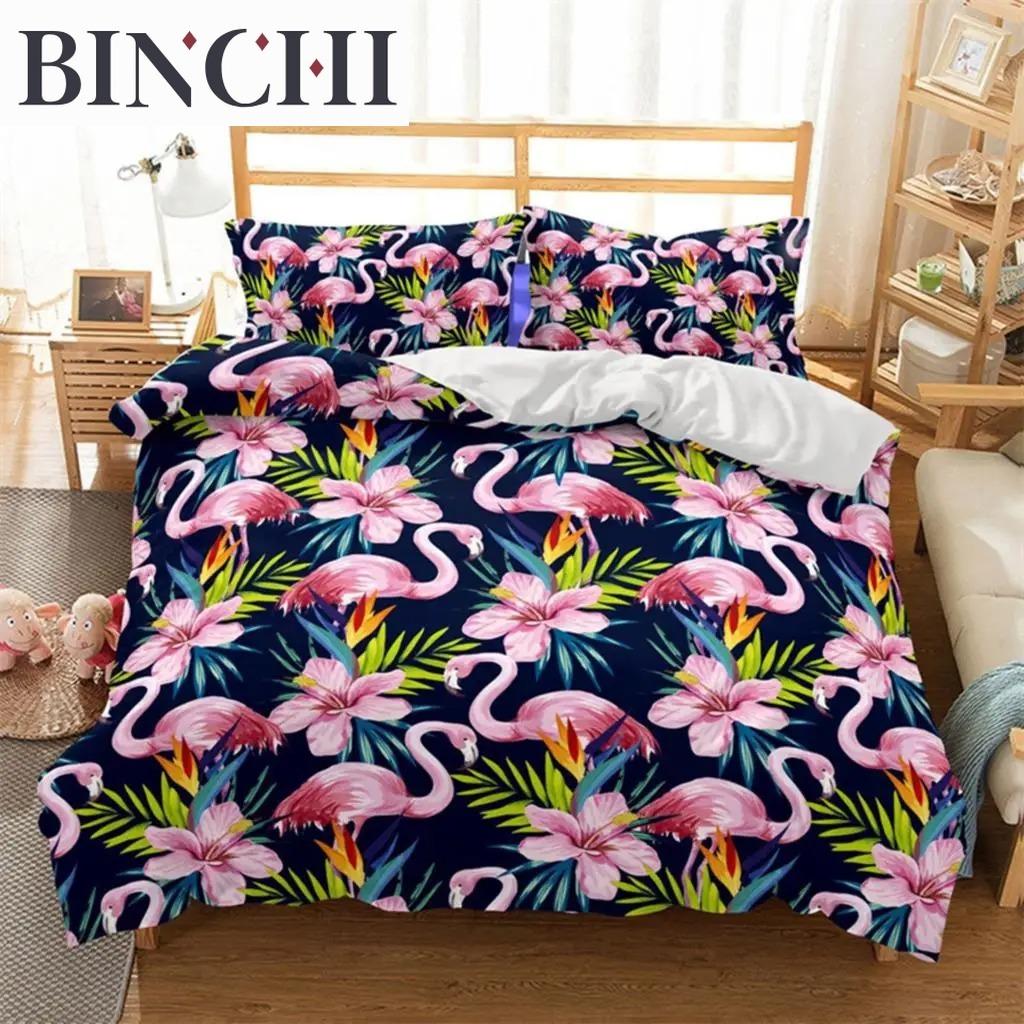 Soft Flamingo 3D Print Bedding Set Fresh Style Cartoon Animals Green Leaves Tropical Fruit Floral D