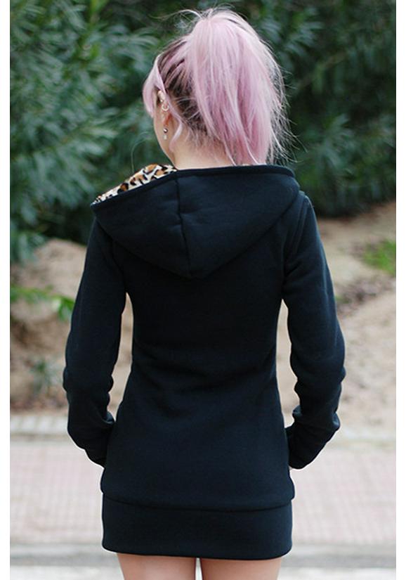 European American Plus Size Leopard Print Fleece-Lined Hooded Sweatshirt for Women, Winter Outerwear, Style 9101
