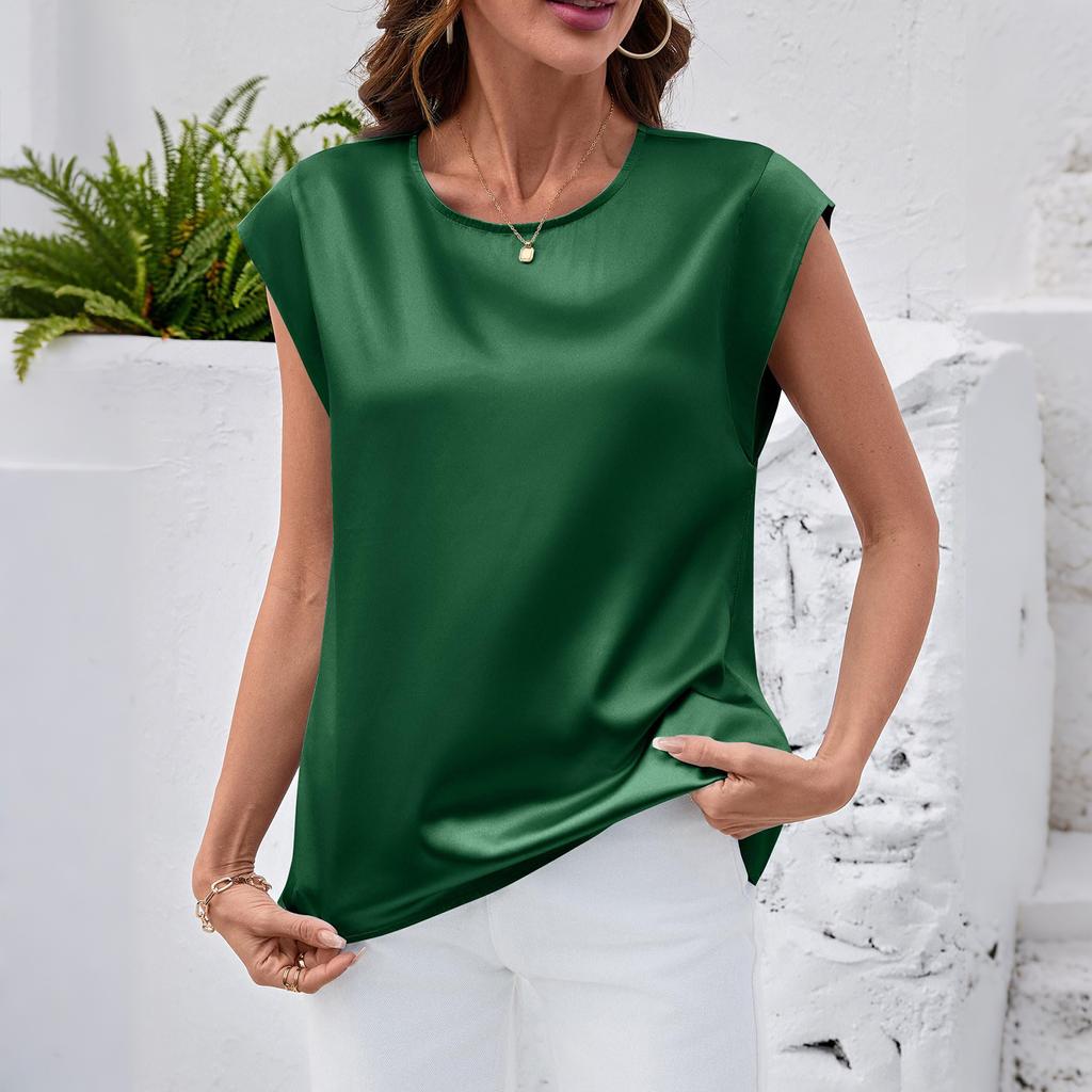 Women's Satin Blouse Summer Shirt Round Neck Tank Top Loose-Fitting Business Casual Top