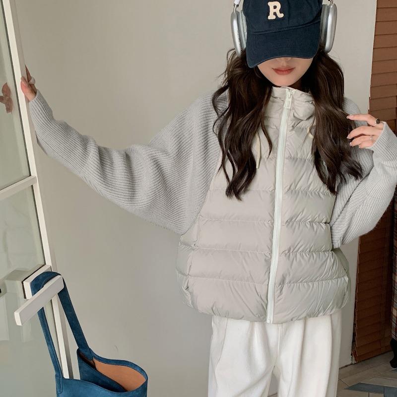 Light and thin knitted splicing cotton-padded clothes women's short hooded winter new Korean version cotton-padded clothes and cotton-padded jackets