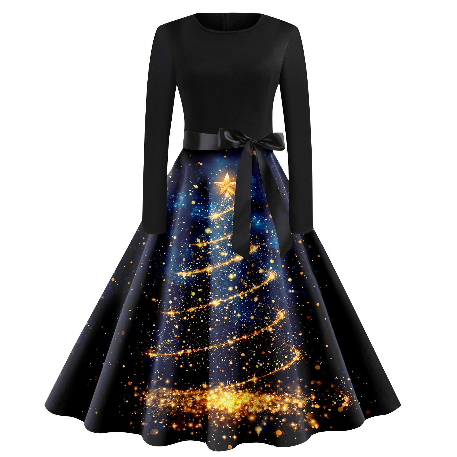 

Женское винтажное классическое платье с воротником на талии и галстуком-бабочкой с длинными рукавами и рождественским принтом, с круглым вырезом, свободное платье L синий