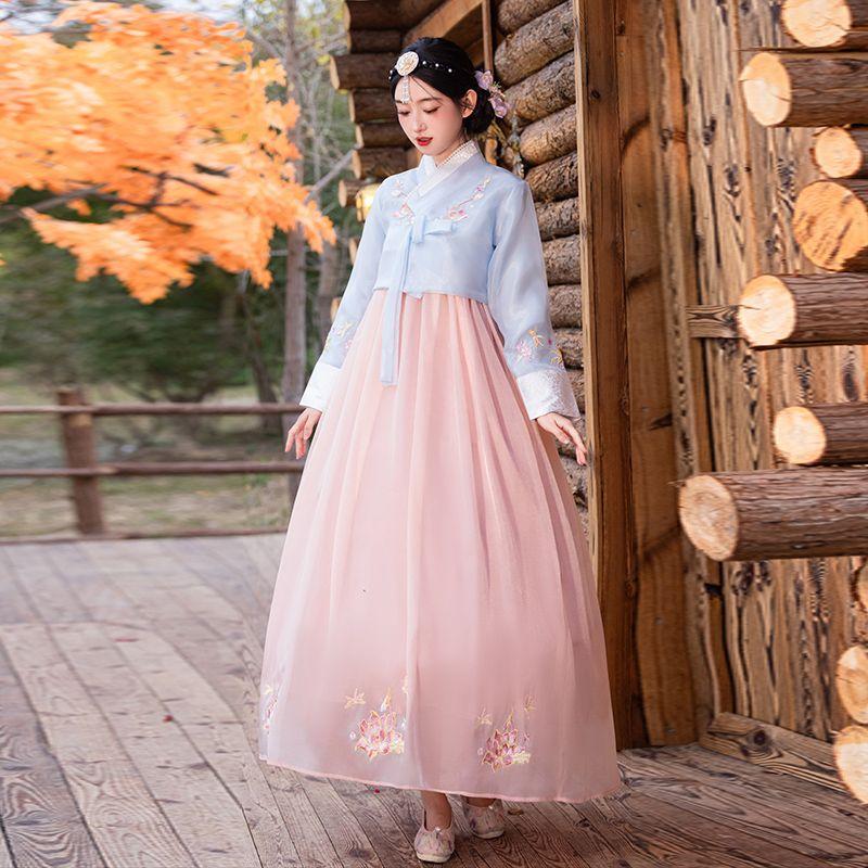 

Ethnic Korean Costume Princess Yanji Traditional Costume South korea Court Women Yanbian Photography Trip Shoot Dance Performance Dress Blue Powder Dress S