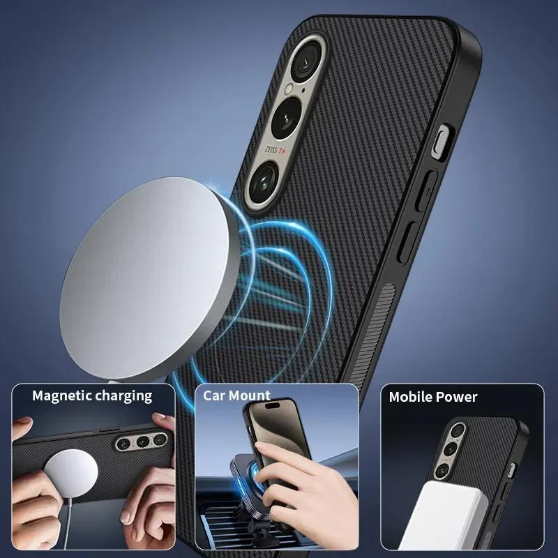 Carbon Fiber Pattern PU Leather Silicone Phone Case For Sony Xperia 1 vii VI Magnetic Wireless Charging Soft Back Cover Cases