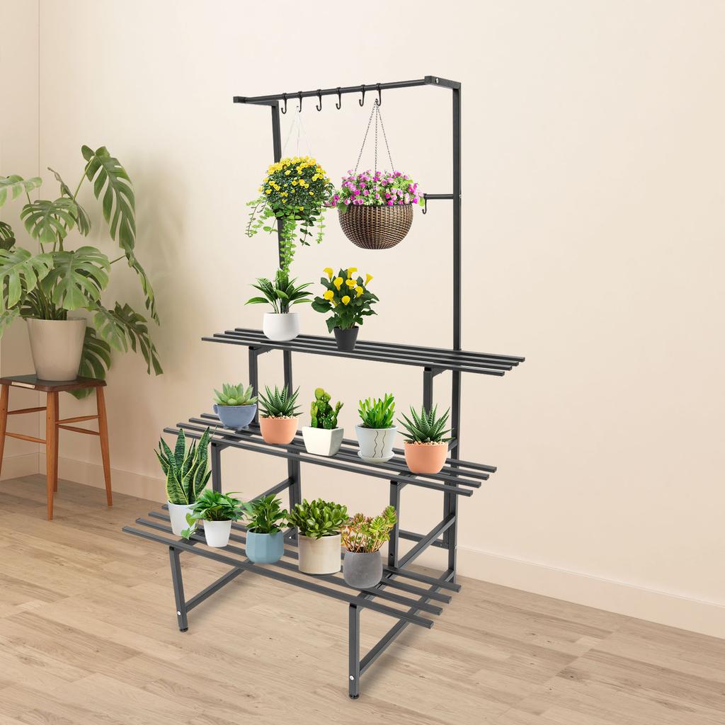 3 Tier Tall Plant Stand with Hanging Rods, 100cm Multi-Level Flower Shelf, Sturdy Metal Plant Holder for Indoor Outdoor Garden