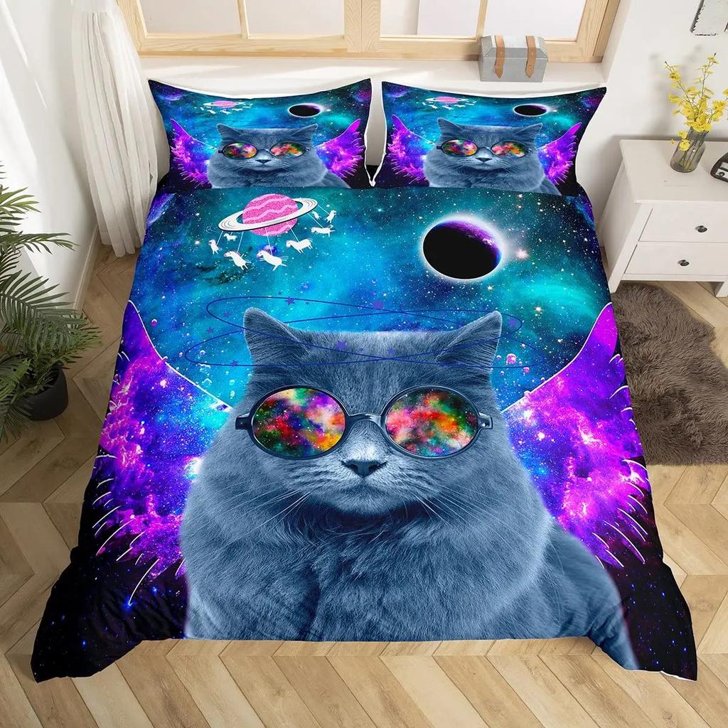Galaxy Cat Duvet Cover Universe Galaxy for Kids Boy Girl Cute Kitten Printed Outer Space Planets Quilt Cover Bedroom Decorations