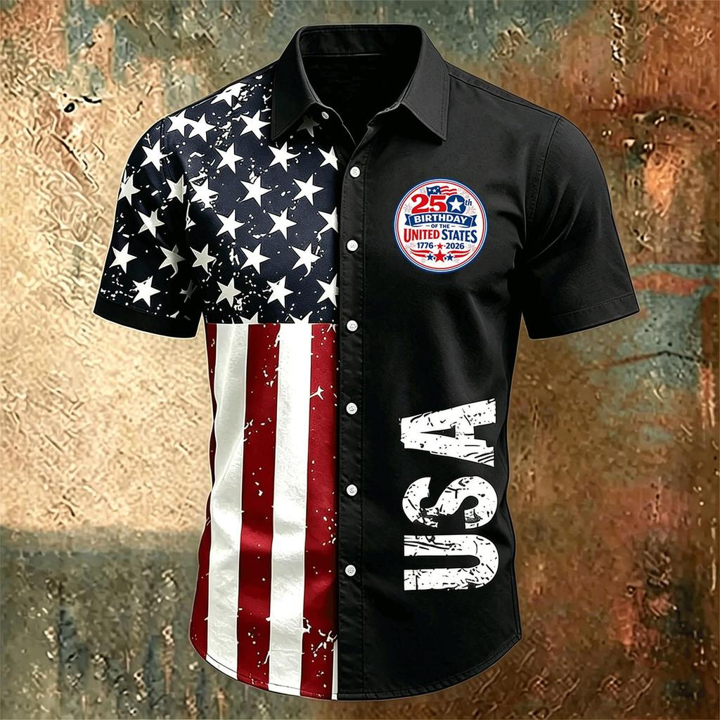 Men Short Sleeve Button Down Casual Collared Shirt with United States Letter Print and Flag Pattern for Spring Summer Wear