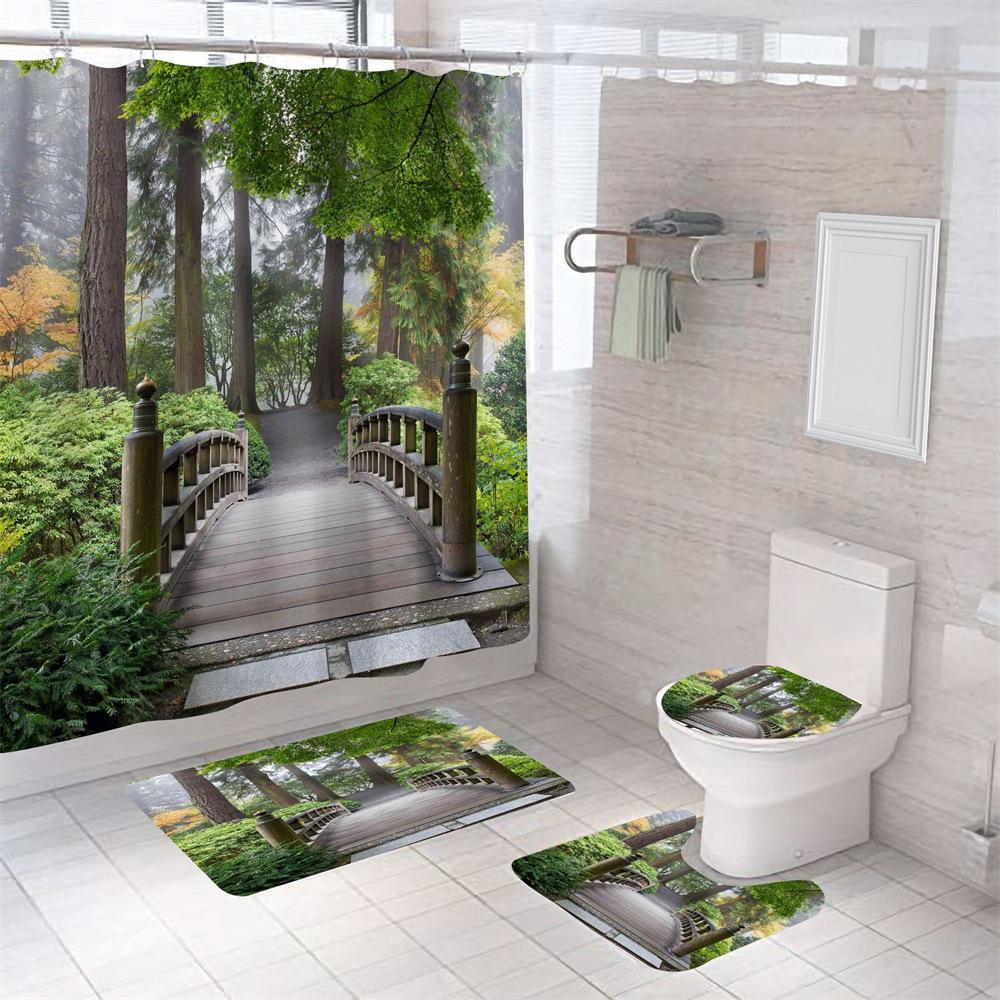 Nature Scenery Shower Curtain Set Green Forest Mountain River Landscape Bathroom Shower Curtain Waterproof Fabric Bathroom Sets