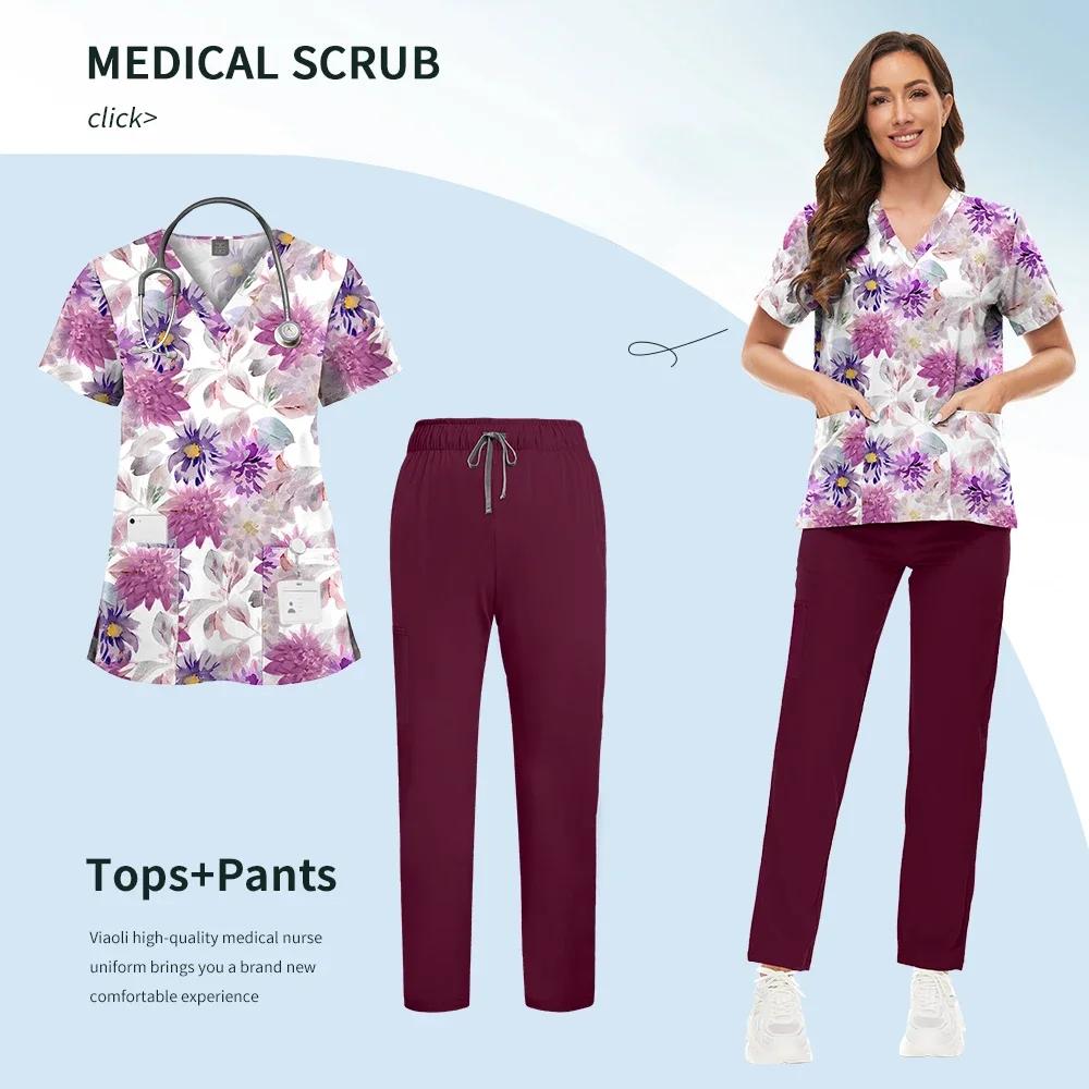 Printed Scrub Uniform Set V Neck Short Sleeves Pockets Top Medical Soft Scrub Pants Sets Nurse Surgical Uniforms Woman