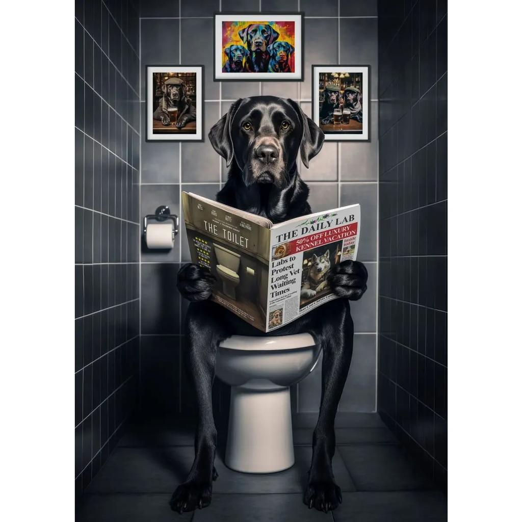 Dog Monkey Highland Cow Sitting on The Toilet Reading Newspaper Poster Animal Print Canvas Painting Funny Bathroom Wall Decor