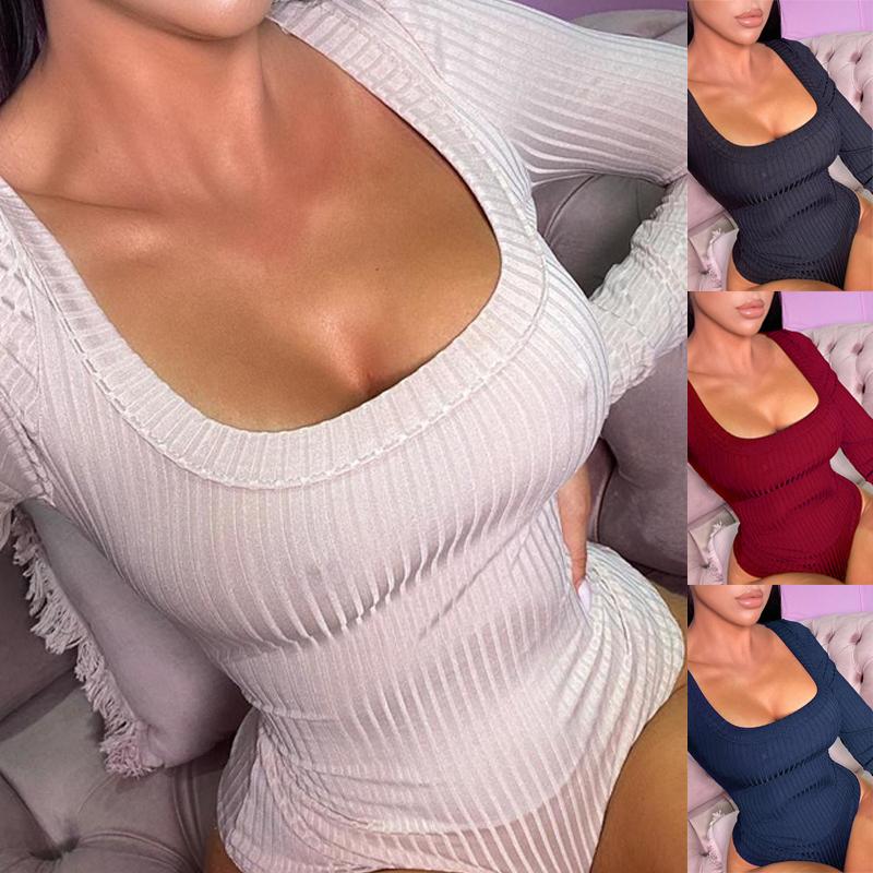 

Женский сексуальный slim Fit Scoop Шея Ребристый боди с длинным рукавом