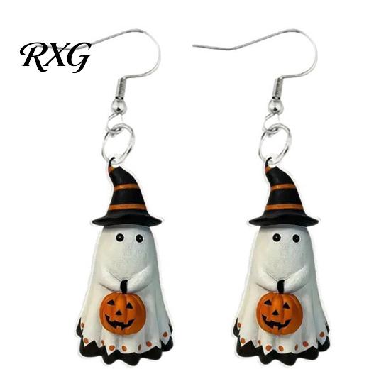 Cartoon Ghost Jewelry Cute Earrings, with Pumpkin Wizard Hat Decor, Holiday Themed Halloween Drop Lightweight Acrylic Pendant Party Earrings