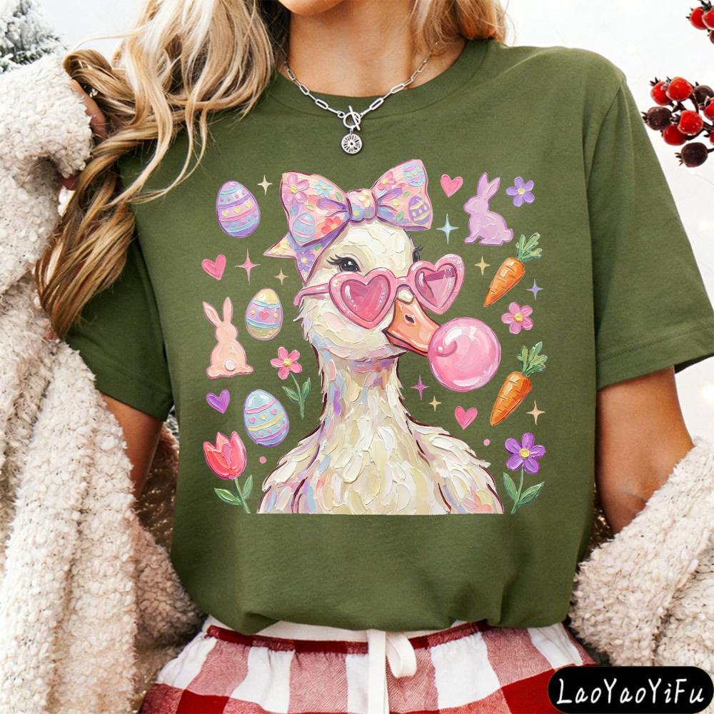Easter Themed Duck Print T-shirt Cute Cartoon Animal Graphic Tops Women Casual Short Sleeve Crew Neck Holiday Tees