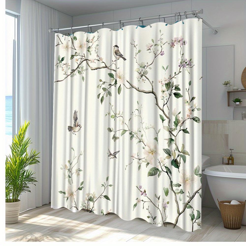 1 Piece Natural Scenery Birdsong And Flowers Shower Curtain, Elegant Design, Polyester Fabric, Suitable For Home Use, With Hooks
